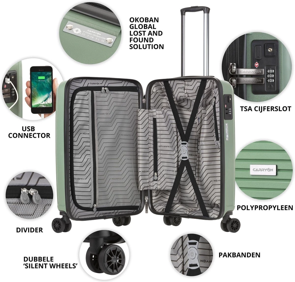 CarryOn Transport Handbagagekoffer - USB Handbagage 55cm - OKOBAN - Dubbele Wielen - Olijf 7 CarryOn Transport Handbagagekoffer - USB Handbagage 55cm - OKOBAN - Dubbele Wielen - Olijf - Afbeelding 5