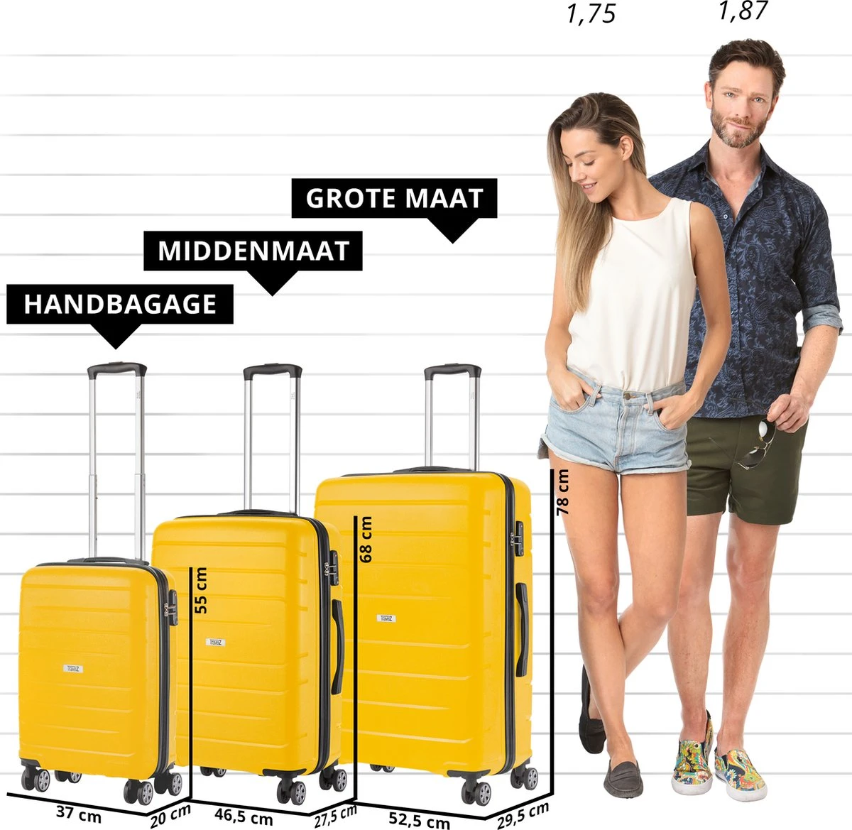 TravelZ Big Bars Kofferset - Trolleyset 3-delig Met TSA-slot - Geel 5 TravelZ Big Bars Kofferset - Trolleyset 3-delig Met TSA-slot - Geel - Afbeelding 3