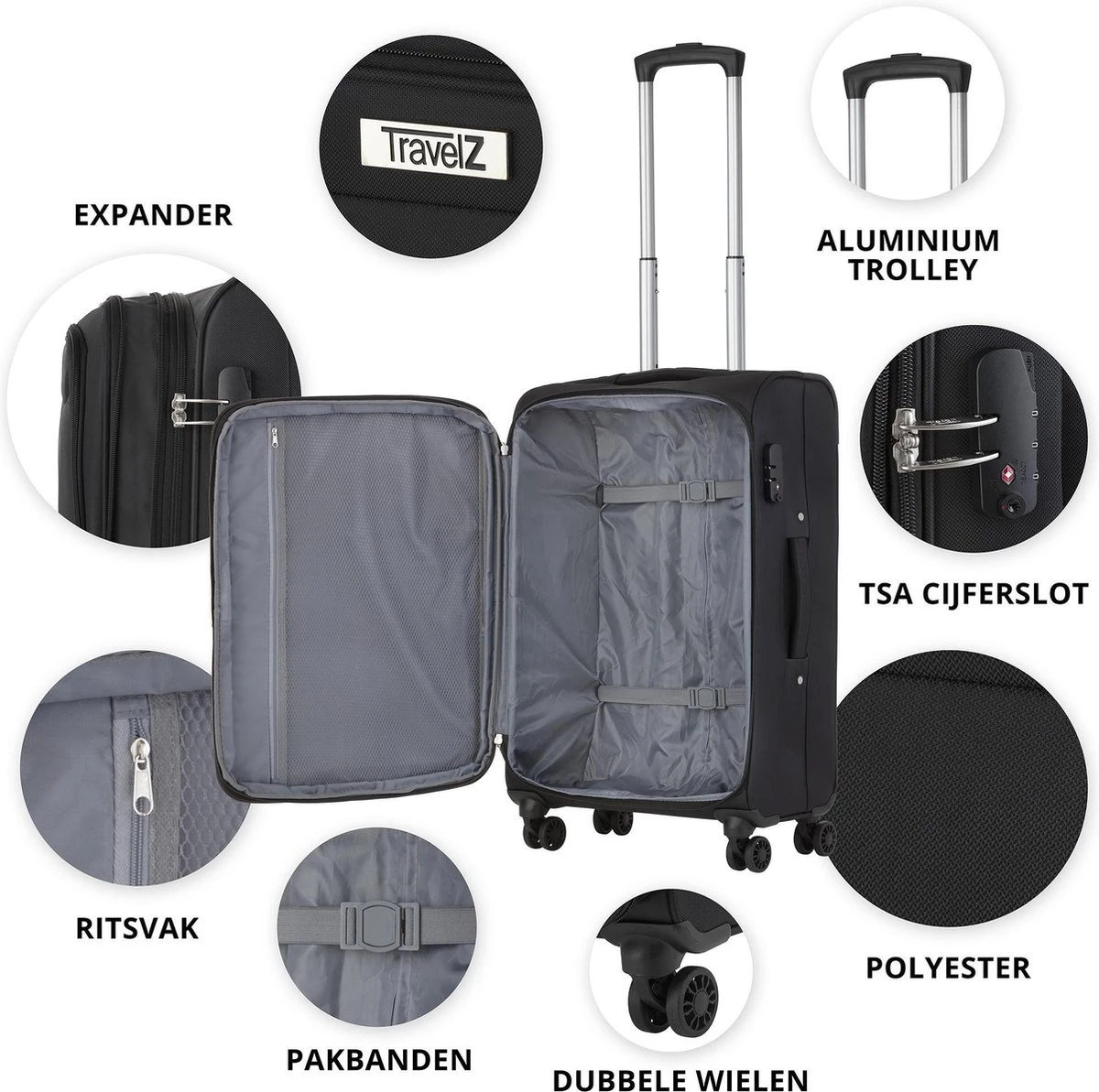 Travelz Softspinner TSA Reiskoffer 77cm - Zachte Reiskoffer Met Expander 104 + 16 Ltr - Zwart 6 Travelz Softspinner TSA Reiskoffer 77cm - Zachte Reiskoffer Met Expander 104 + 16 Ltr - Zwart - Afbeelding 4