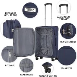TravelZ Softspinner TSA Kofferset - 3-delige Zachte Trolleyset - Dubbele Wielen En Voorvakken Blauw -Goedkope Bagage Winkel 1200x1194 5