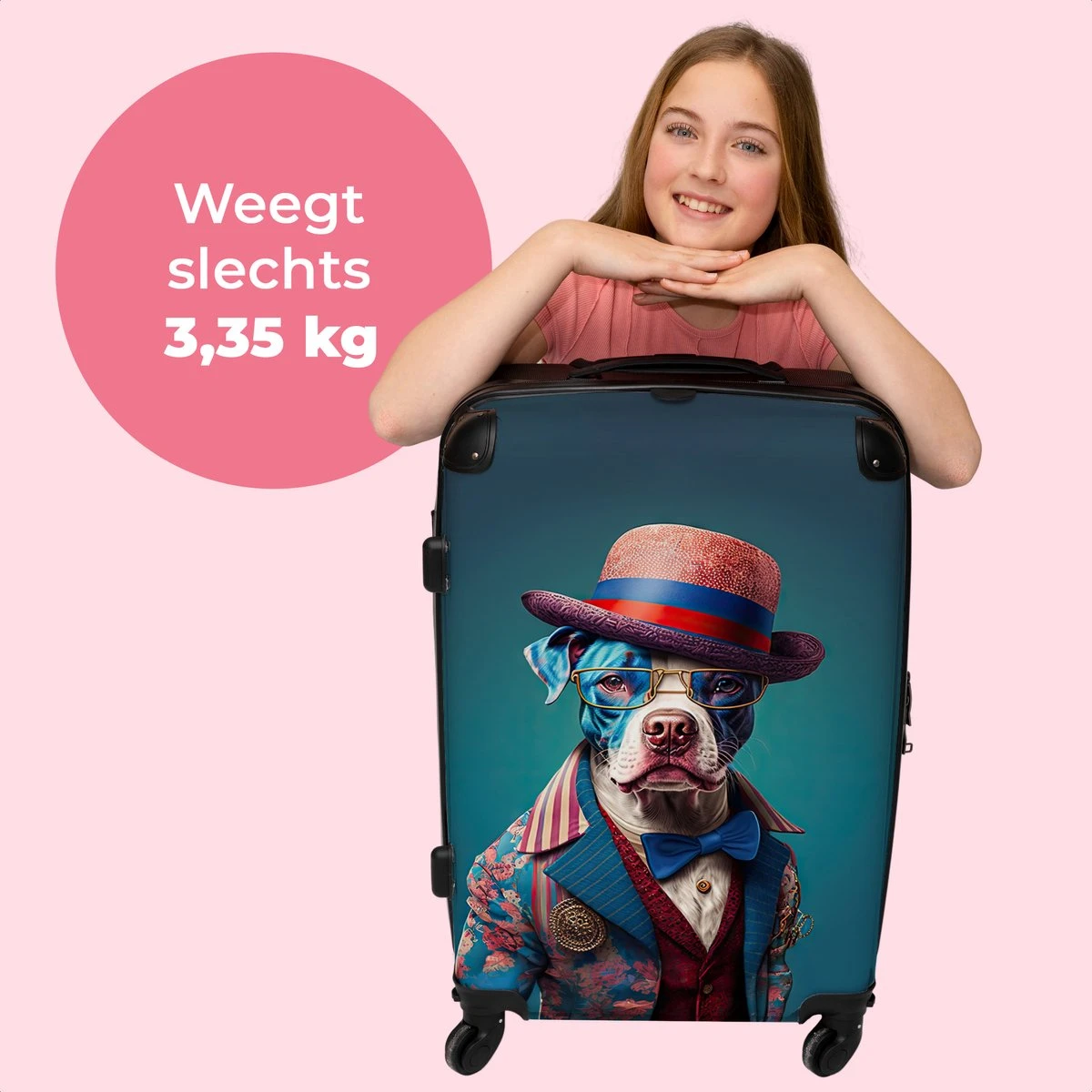 NoBoringSuitcases.com® Koffer Groot - Hond - Hoed - Colbert - Bloemen - Blauw - Trolley Koffer Met TSA-slot - Met Wielen - 90 Liter - Reiskoffer - 66 Cm 4 NoBoringSuitcases.com® Koffer Groot - Hond - Hoed - Colbert - Bloemen - Blauw - Trolley Koffer Met TSA-slot - Met Wielen - 90 Liter - Reiskoffer - 66 Cm - Afbeelding 2