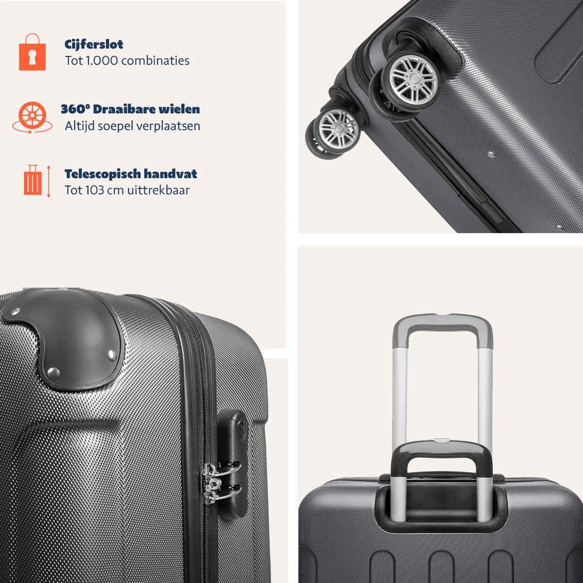 TRVLMORE Kofferset - 3 Delig - 38L (handbagage) + 70L + 110L - Donkergrijs 12 TRVLMORE Kofferset - 3 Delig - 38L (handbagage) + 70L + 110L - Donkergrijs - Afbeelding 10