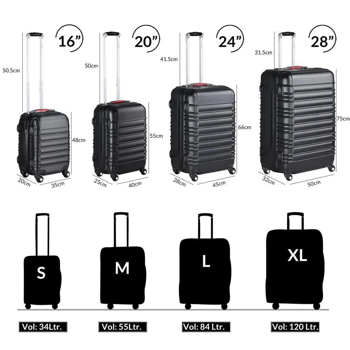 Monzana Kofferset - 4 Stuks S M L XL Met Wielen Cijferslot - Zwart 10 Monzana Kofferset - 4 Stuks S M L XL Met Wielen Cijferslot - Zwart - Afbeelding 8