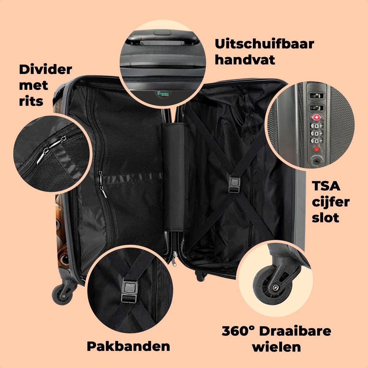 NoBoringSuitcases.com® Koffer - Hond - Dieren - Design - Bruin - Trolley Op Wieltjes - Handbagagekoffer - Past Binnen 55x40x20 Cm En 55x35x25 Cm - Reiskoffers - Fotokoffer 6 NoBoringSuitcases.com® Koffer - Hond - Dieren - Design - Bruin - Trolley Op Wieltjes - Handbagagekoffer - Past Binnen 55x40x20 Cm En 55x35x25 Cm - Reiskoffers - Fotokoffer - Afbeelding 4