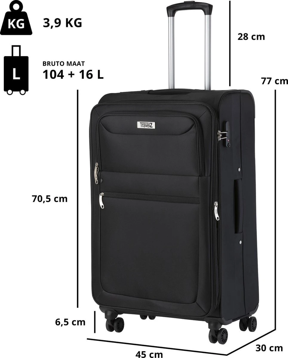 Travelz Softspinner TSA Reiskoffer 77cm - Zachte Reiskoffer Met Expander 104 + 16 Ltr - Zwart 8 Travelz Softspinner TSA Reiskoffer 77cm - Zachte Reiskoffer Met Expander 104 + 16 Ltr - Zwart - Afbeelding 6
